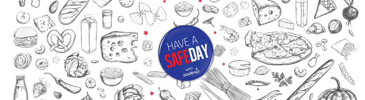 Rysunki ukazujące różne potrawy z logotypem Sodexo i hasłem "Have a Safe Day"